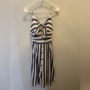 Striped Tie-Front Midi Dress in Navy and White - built in bra pads